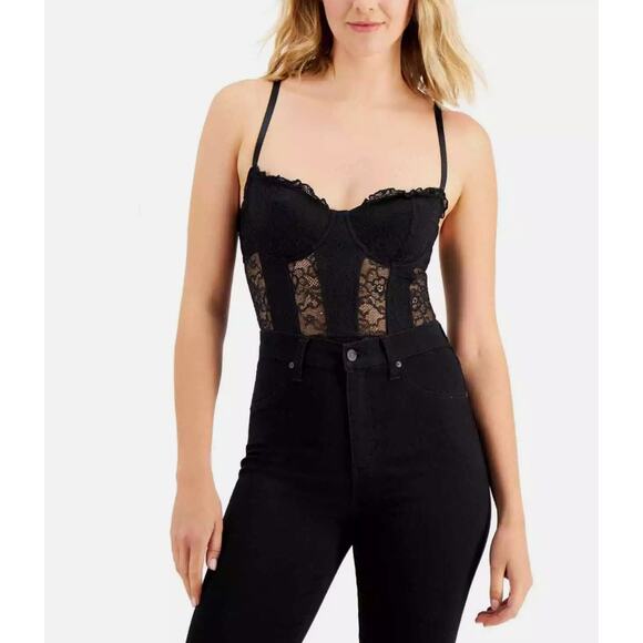 I.N.C. INTERNATIONAL CONCEPTS SOLID LACE CUP BODYSUIT DEEP BLACK SIZE MEDIUM - Picture 1 of 11